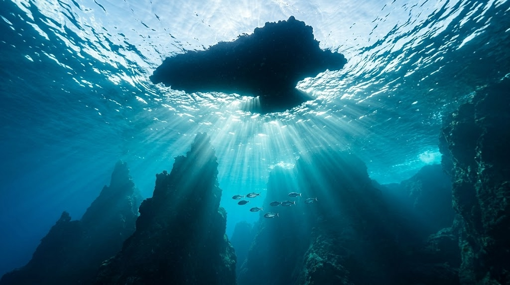 Diver in front of Motu Nui islet · crystal turquoise water