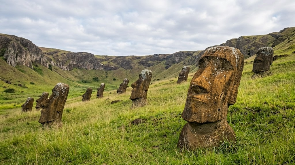 Rano Raraku crater with moai carved on the hillside
