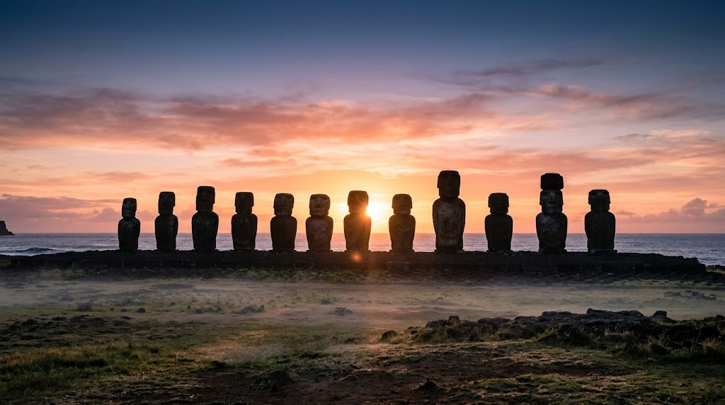 Ahu Tongariki at sunrise · 15 moai in alignment